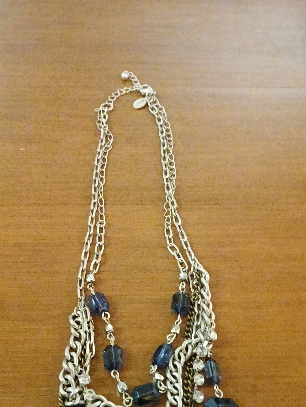 Silver-Tone Multi-Strand Necklace with Dark Blue Beads And Crystal Rhinestones